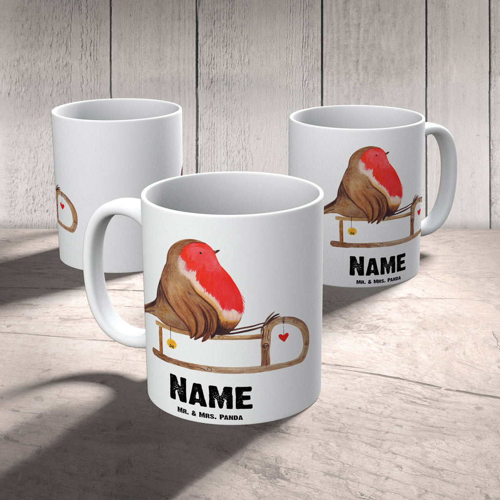 Personalisierte Tasse Rotkehlchen Schlitten Personalisierte Tasse, Namenstasse, Wunschname, Personalisiert, Tasse, Namen, Drucken, Tasse mit Namen, Winter, Weihnachten, Weihnachtsdeko, Nikolaus, Advent, Heiligabend, Wintermotiv, Schlitten, Vogel