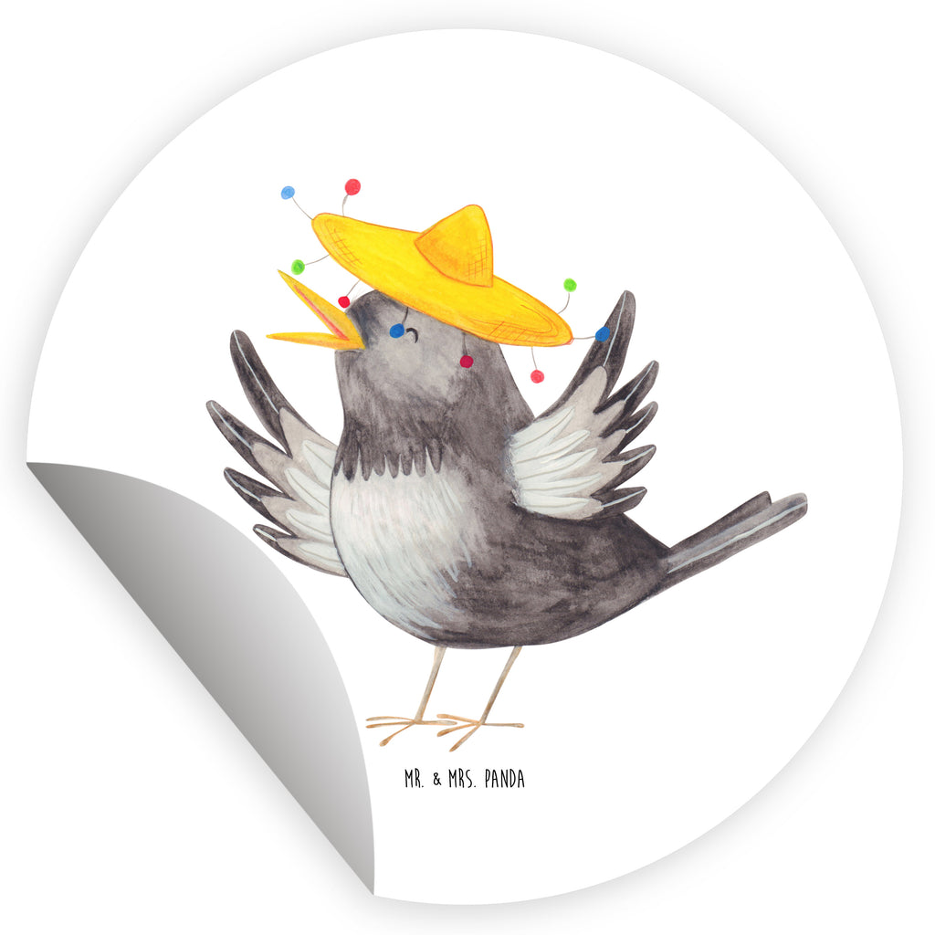 Rund Aufkleber Rabe mit Sombrero Sticker, Aufkleber, Etikett, Kinder, rund, Tiermotive, Gute Laune, lustige Sprüche, Tiere, Rabe, Vogel, Vögel, Spruch positiv, fröhlich sein, glücklich sein, Glück Spruch, froh, Elster, Motivation