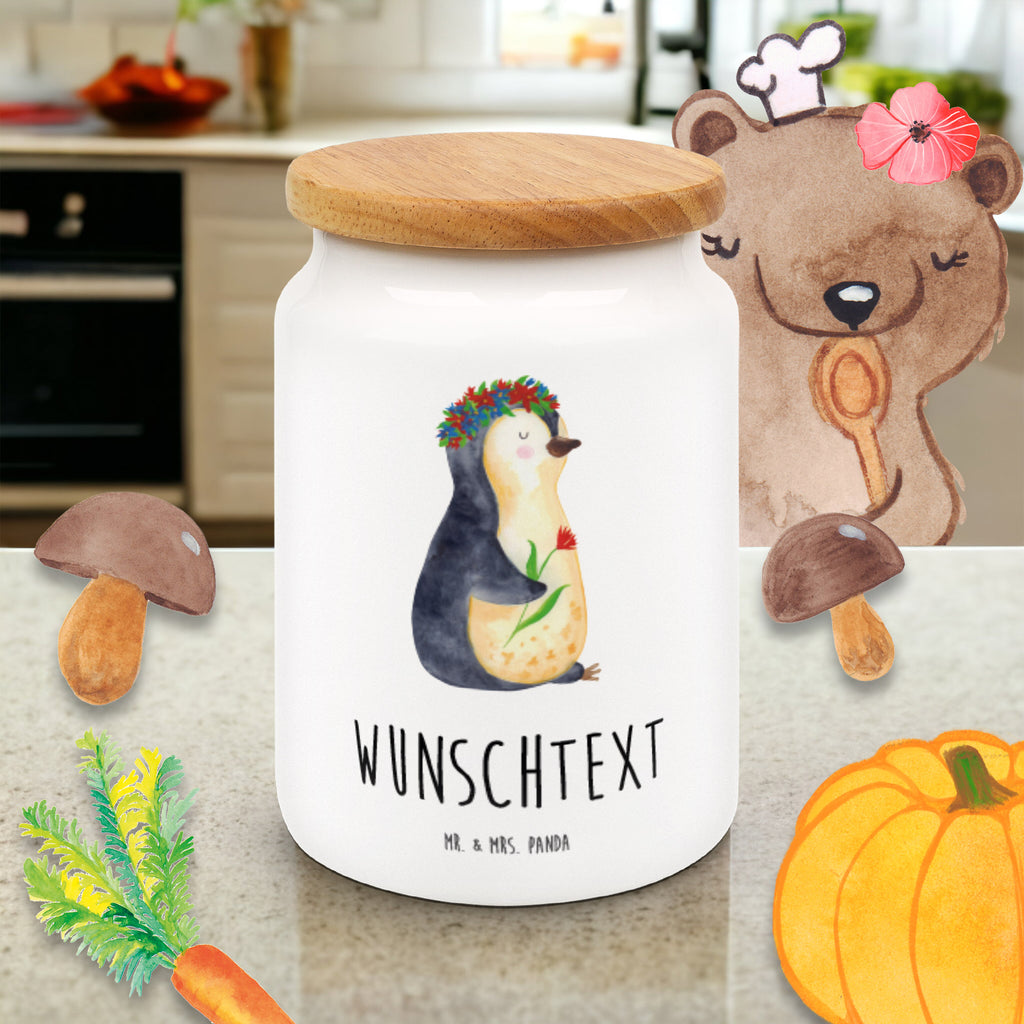 Personalisierte Vorratsdose Pinguin Blumenkranz Personalisierte Vorratsdose, Personalisierte Keksdose, Personalisierte Keramikdose, Personalisierte Leckerlidose, Personalisierte Dose, Personalisierter Vorratsbehälter, Personalisierte Aufbewahrungsdose, Pinguin, Pinguine, Blumenkranz, Universum, Leben, Wünsche, Ziele, Lebensziele, Motivation, Lebenslust, Liebeskummer, Geschenkidee