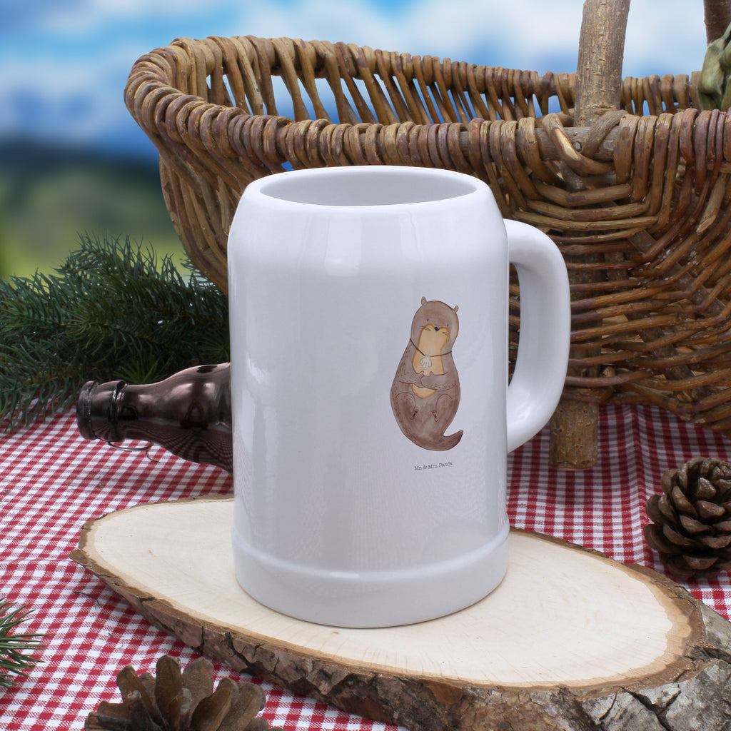 Bierkrug Otter mit Muschelmedaillon Bierkrug, Bierkrüge, Bierkrug Steingut, Steinkrüge, 0, 5 l, 500ml, Krug, Otter, Fischotter, Seeotter, Otterliebe, grübeln, träumen, Motivation, Tagträumen, Büro