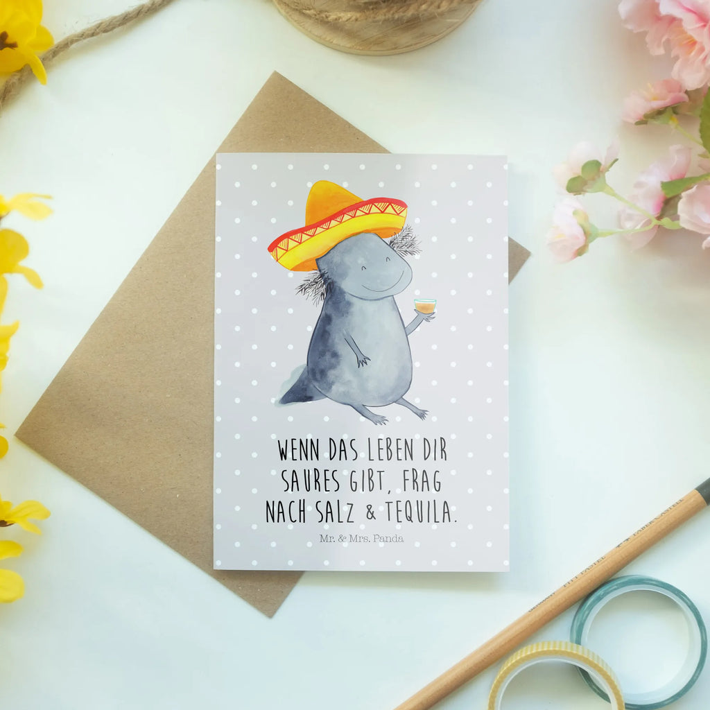 Grußkarte Axolotl Tequila Grußkarte, Klappkarte, Einladungskarte, Glückwunschkarte, Hochzeitskarte, Geburtstagskarte, Karte, Ansichtskarten, Axolotl, Molch, Mexico, Mexiko, Sombrero, Zitrone, Tequila, Motivation, Spruch, Schwanzlurch, Lurch, Lurche, Axolot, Feuerdrache, Feuersalamander