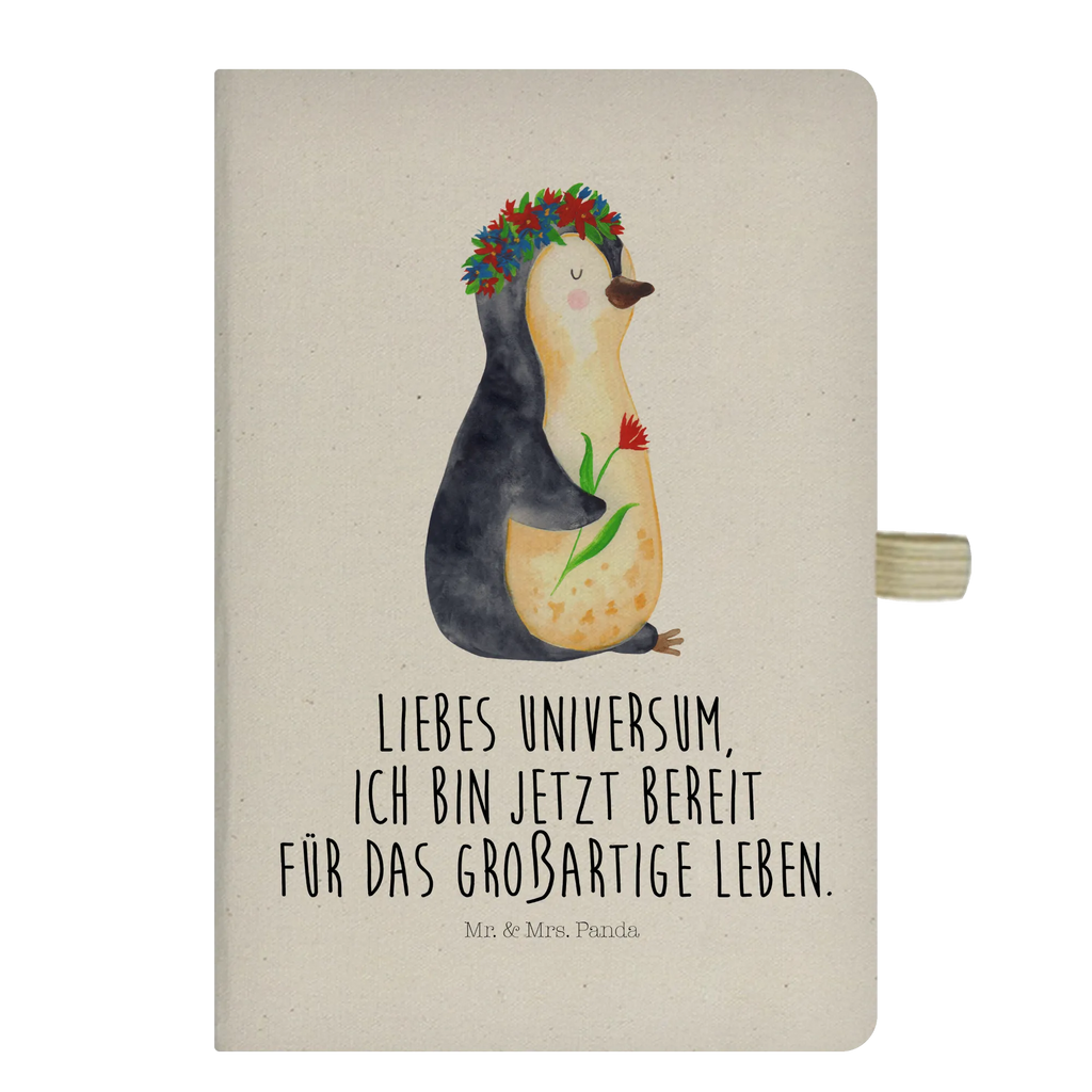 Baumwoll Notizbuch Pinguin Blumenkranz Notizen, Eintragebuch, Tagebuch, Notizblock, Adressbuch, Journal, Kladde, Skizzenbuch, Notizheft, Schreibbuch, Schreibheft, Pinguin, Pinguine, Blumenkranz, Universum, Leben, Wünsche, Ziele, Lebensziele, Motivation, Lebenslust, Liebeskummer, Geschenkidee