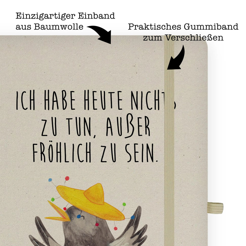 Baumwoll Notizbuch Rabe Sombrero Notizen, Eintragebuch, Tagebuch, Notizblock, Adressbuch, Journal, Kladde, Skizzenbuch, Notizheft, Schreibbuch, Schreibheft, Tiermotive, Gute Laune, lustige Sprüche, Tiere, Rabe, Vogel, Vögel, Spruch positiv, fröhlich sein, glücklich sein, Glück Spruch, froh, Elster, Motivation