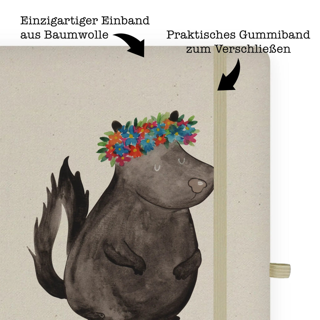 Baumwoll Notizbuch Stinktier Blumenmaedchen Notizen, Eintragebuch, Tagebuch, Notizblock, Adressbuch, Journal, Kladde, Skizzenbuch, Notizheft, Schreibbuch, Schreibheft, Stinktier, Skunk, Wildtier, Raubtier, Stinker, Stinki, Yoga, Namaste