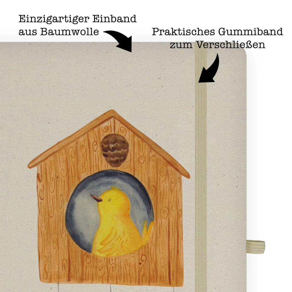 Baumwoll Notizbuch Vogelhaus sweet Home Notizen, Eintragebuch, Tagebuch, Notizblock, Adressbuch, Journal, Kladde, Skizzenbuch, Notizheft, Schreibbuch, Schreibheft, Tiermotive, Gute Laune, lustige Sprüche, Tiere, Vogelhaus, Vogel, Home sweet Home, Einzug, Umzug, Geschenk, Einzugsgeschenk, Hausbau, Haus