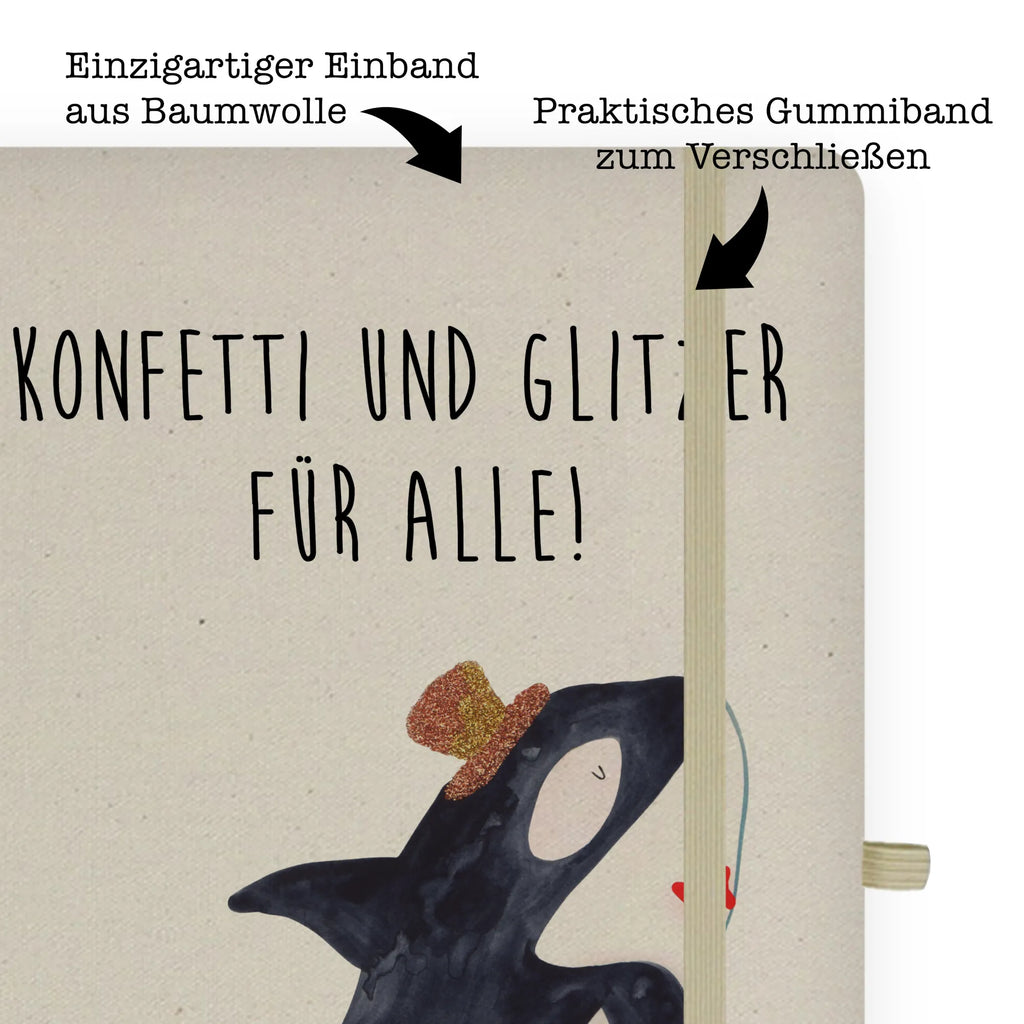 Baumwoll Notizbuch Orca Zylinder Notizen, Eintragebuch, Tagebuch, Notizblock, Adressbuch, Journal, Kladde, Skizzenbuch, Notizheft, Schreibbuch, Schreibheft, Meerestiere, Meer, Urlaub, Narwal, Glitter, Konfetti, Glitzer, Geburtstag, Feier, Fete, Fest, Glückwunsch, Orca