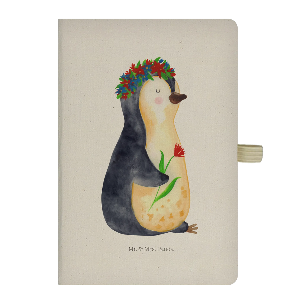 Baumwoll Notizbuch Pinguin Blumenkranz Notizen, Eintragebuch, Tagebuch, Notizblock, Adressbuch, Journal, Kladde, Skizzenbuch, Notizheft, Schreibbuch, Schreibheft, Pinguin, Pinguine, Blumenkranz, Universum, Leben, Wünsche, Ziele, Lebensziele, Motivation, Lebenslust, Liebeskummer, Geschenkidee