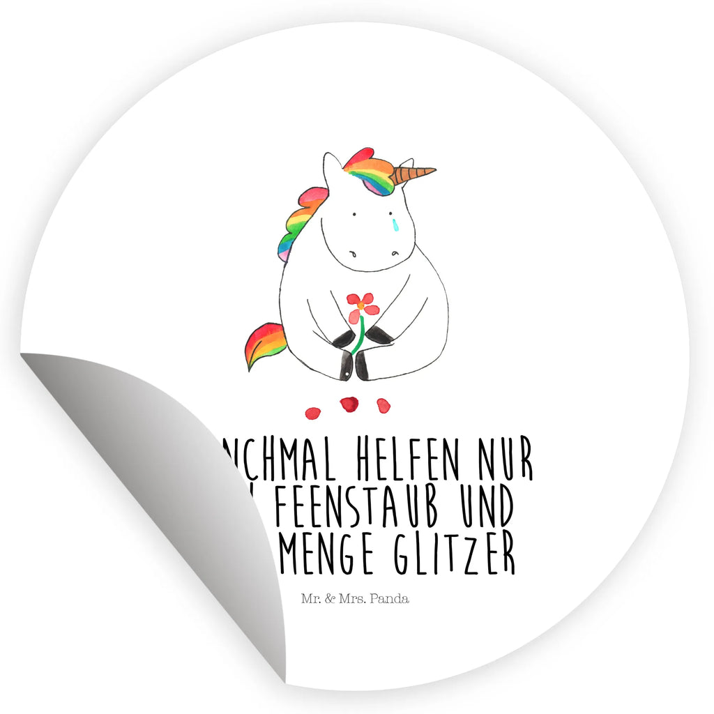 Rund Aufkleber Einhorn Traurig Sticker, Aufkleber, Etikett, Einhorn, Einhörner, Einhorn Deko, Pegasus, Unicorn, Glitzer, Trösten. Freundschaft, Freunde, Liebe, Trauer, Grußkarte, Blume