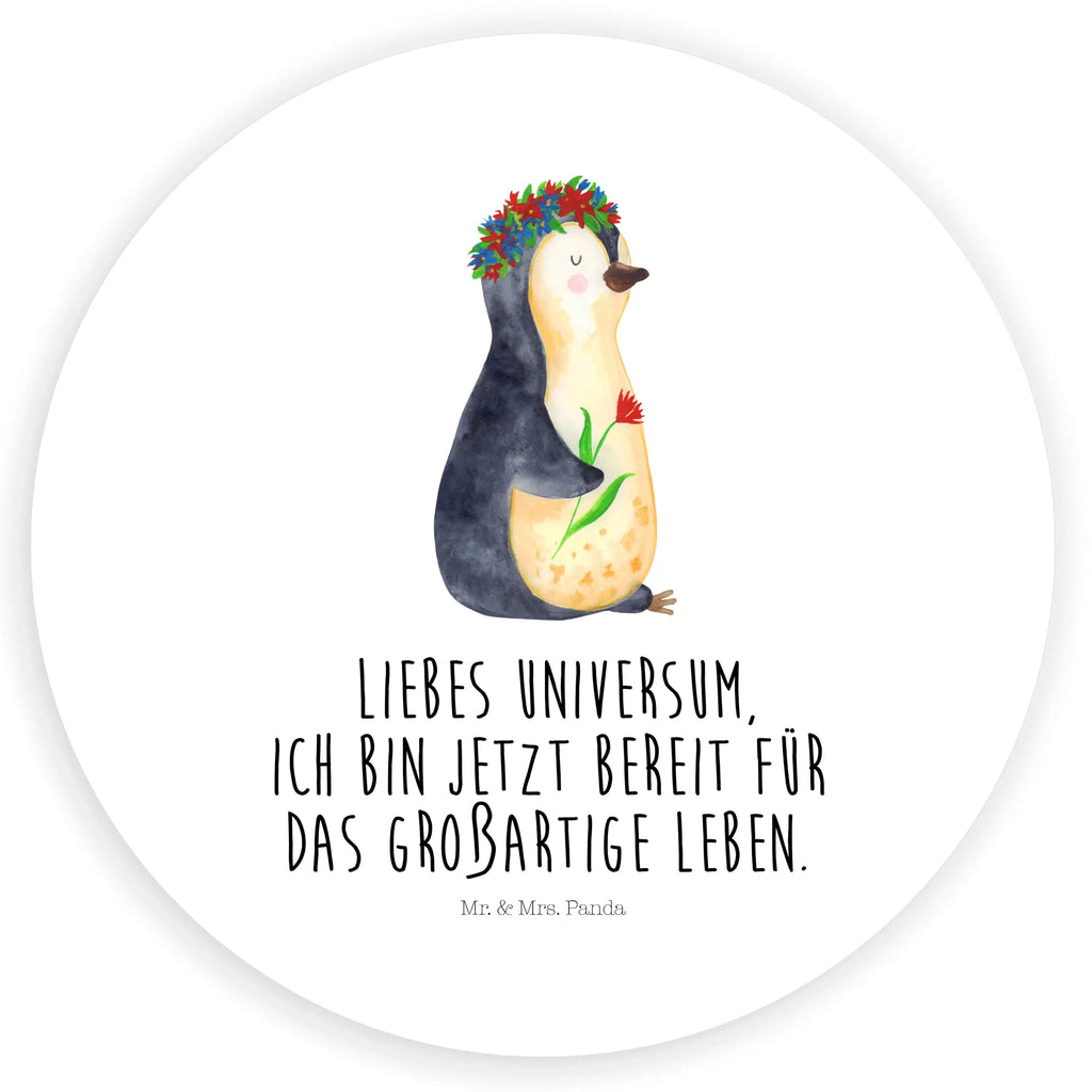 Rund Aufkleber Pinguin Blumenkranz Sticker, Aufkleber, Etikett, Pinguin, Pinguine, Blumenkranz, Universum, Leben, Wünsche, Ziele, Lebensziele, Motivation, Lebenslust, Liebeskummer, Geschenkidee