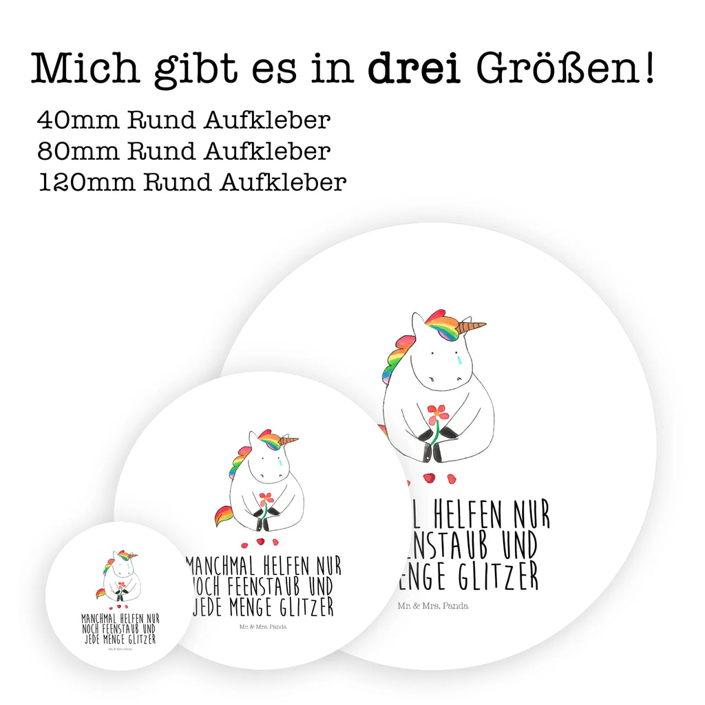 Rund Aufkleber Einhorn Traurig Sticker, Aufkleber, Etikett, Einhorn, Einhörner, Einhorn Deko, Pegasus, Unicorn, Glitzer, Trösten. Freundschaft, Freunde, Liebe, Trauer, Grußkarte, Blume