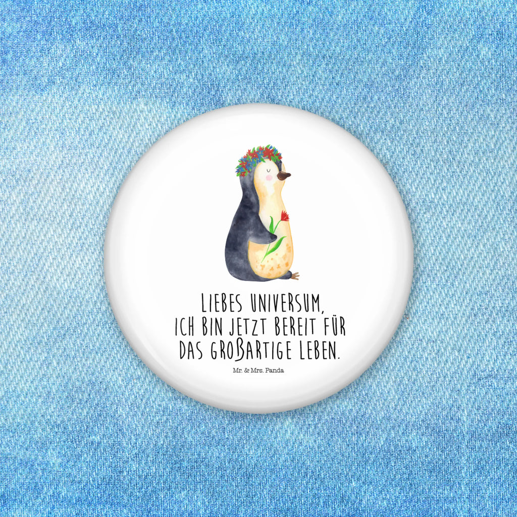 Button Pinguin Blumenkranz 50mm Button, Button, Pin, Anstecknadel, Pinguin, Pinguine, Blumenkranz, Universum, Leben, Wünsche, Ziele, Lebensziele, Motivation, Lebenslust, Liebeskummer, Geschenkidee