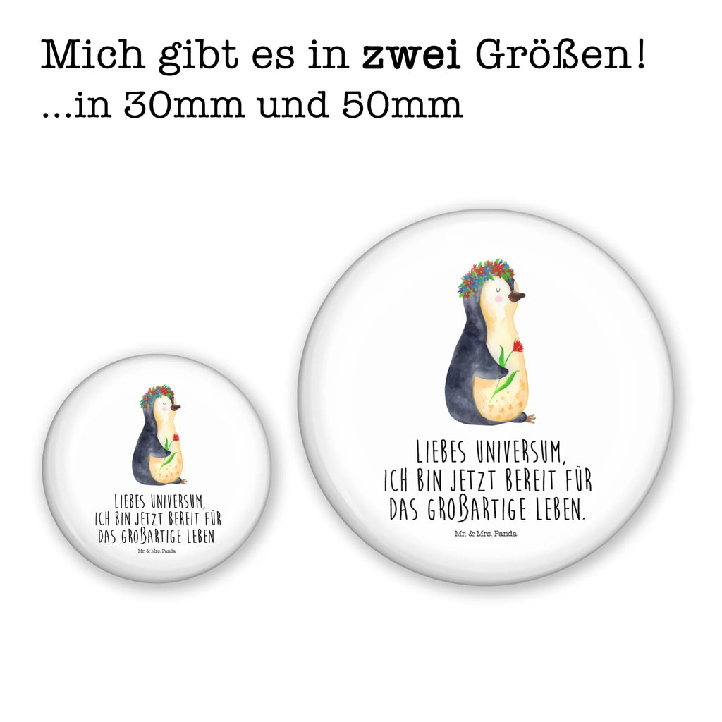 Button Pinguin Blumenkranz 50mm Button, Button, Pin, Anstecknadel, Pinguin, Pinguine, Blumenkranz, Universum, Leben, Wünsche, Ziele, Lebensziele, Motivation, Lebenslust, Liebeskummer, Geschenkidee