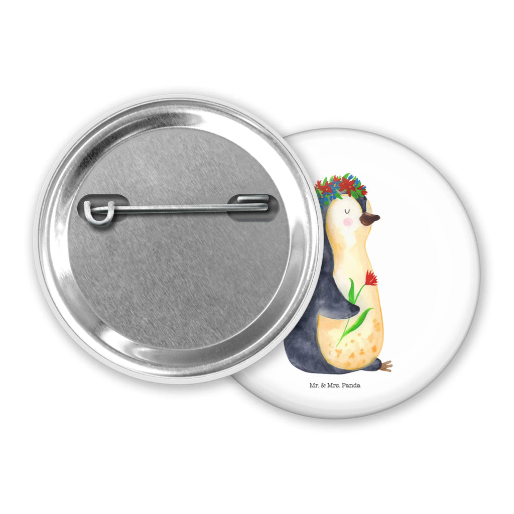 Button Pinguin Blumenkranz 50mm Button, Button, Pin, Anstecknadel, Pinguin, Pinguine, Blumenkranz, Universum, Leben, Wünsche, Ziele, Lebensziele, Motivation, Lebenslust, Liebeskummer, Geschenkidee