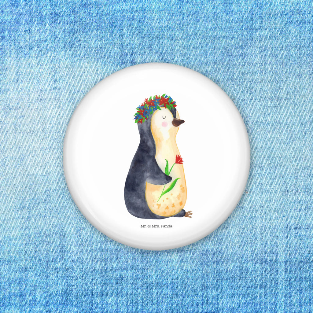 Button Pinguin Blumenkranz 50mm Button, Button, Pin, Anstecknadel, Pinguin, Pinguine, Blumenkranz, Universum, Leben, Wünsche, Ziele, Lebensziele, Motivation, Lebenslust, Liebeskummer, Geschenkidee