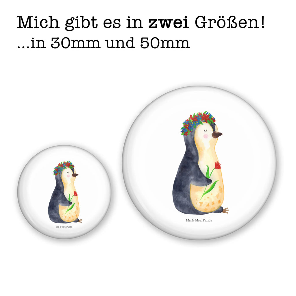 Button Pinguin Blumenkranz 50mm Button, Button, Pin, Anstecknadel, Pinguin, Pinguine, Blumenkranz, Universum, Leben, Wünsche, Ziele, Lebensziele, Motivation, Lebenslust, Liebeskummer, Geschenkidee