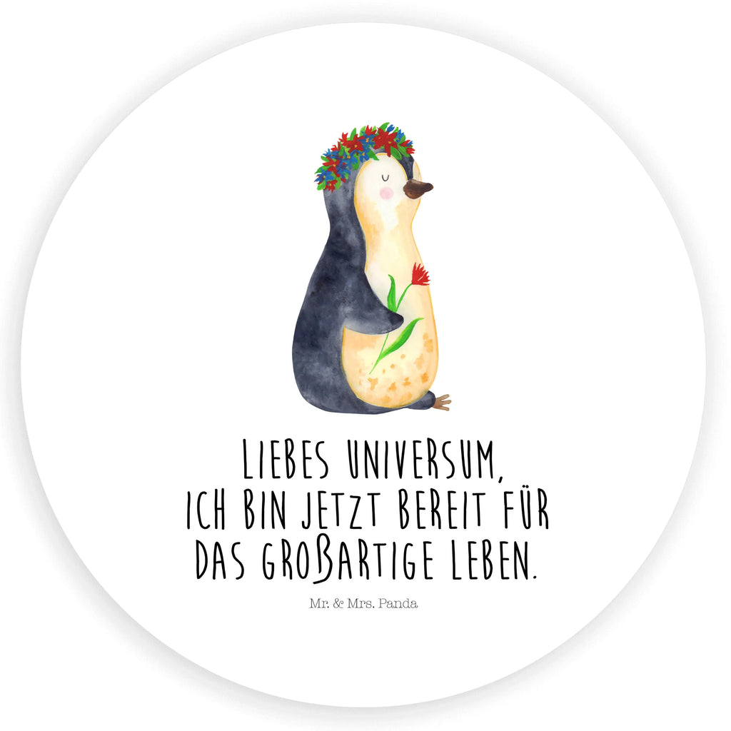 Rund Aufkleber Pinguin Blumenkranz Sticker, Aufkleber, Etikett, Pinguin, Pinguine, Blumenkranz, Universum, Leben, Wünsche, Ziele, Lebensziele, Motivation, Lebenslust, Liebeskummer, Geschenkidee