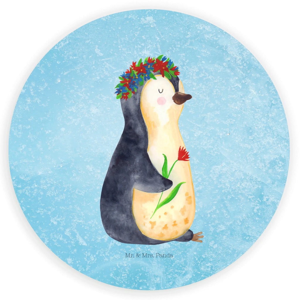 Rund Aufkleber Pinguin Blumenkranz Sticker, Aufkleber, Etikett, Pinguin, Pinguine, Blumenkranz, Universum, Leben, Wünsche, Ziele, Lebensziele, Motivation, Lebenslust, Liebeskummer, Geschenkidee