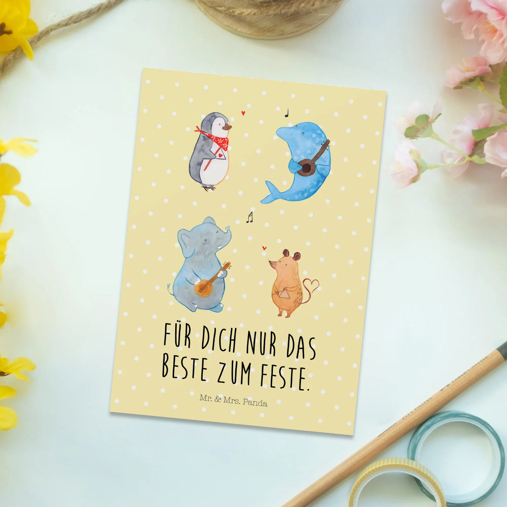 Postkarte Big Band Postkarte, Karte, Geschenkkarte, Grußkarte, Einladung, Ansichtskarte, Geburtstagskarte, Einladungskarte, Dankeskarte, Ansichtskarten, Einladung Geburtstag, Einladungskarten Geburtstag, Tiermotive, Gute Laune, lustige Sprüche, Tiere, Hund, Pinguin, Maus, Elefant, Delfin, Gitarre, Band, Triangel, Musikanten, Musik