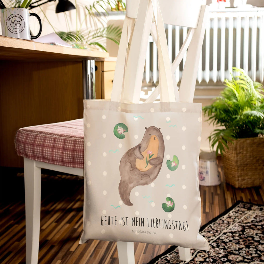 Einkaufstasche Otter mit Seerose Tragetasche, Tasche, Beutel, Stofftasche, Baumwolltasche, Umhängetasche, Shopper, Einkaufstasche, Beuteltasche, Otter, Fischotter, Seeotter, Otter Seeotter See Otter