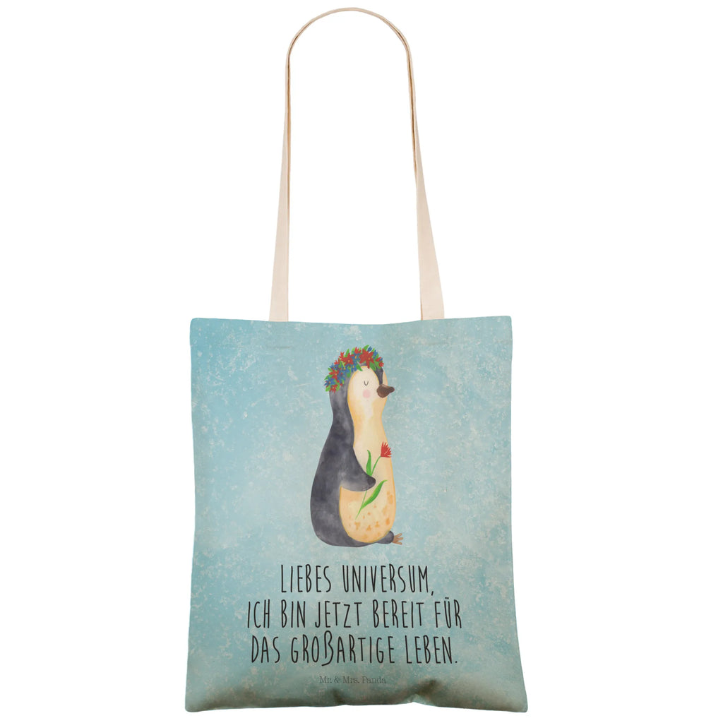 Einkaufstasche Pinguin Blumen Tragetasche, Tasche, Beutel, Stofftasche, Baumwolltasche, Umhängetasche, Shopper, Einkaufstasche, Beuteltasche, Pinguin, Pinguine, Blumenkranz, Universum, Leben, Wünsche, Ziele, Lebensziele, Motivation, Lebenslust, Liebeskummer, Geschenkidee