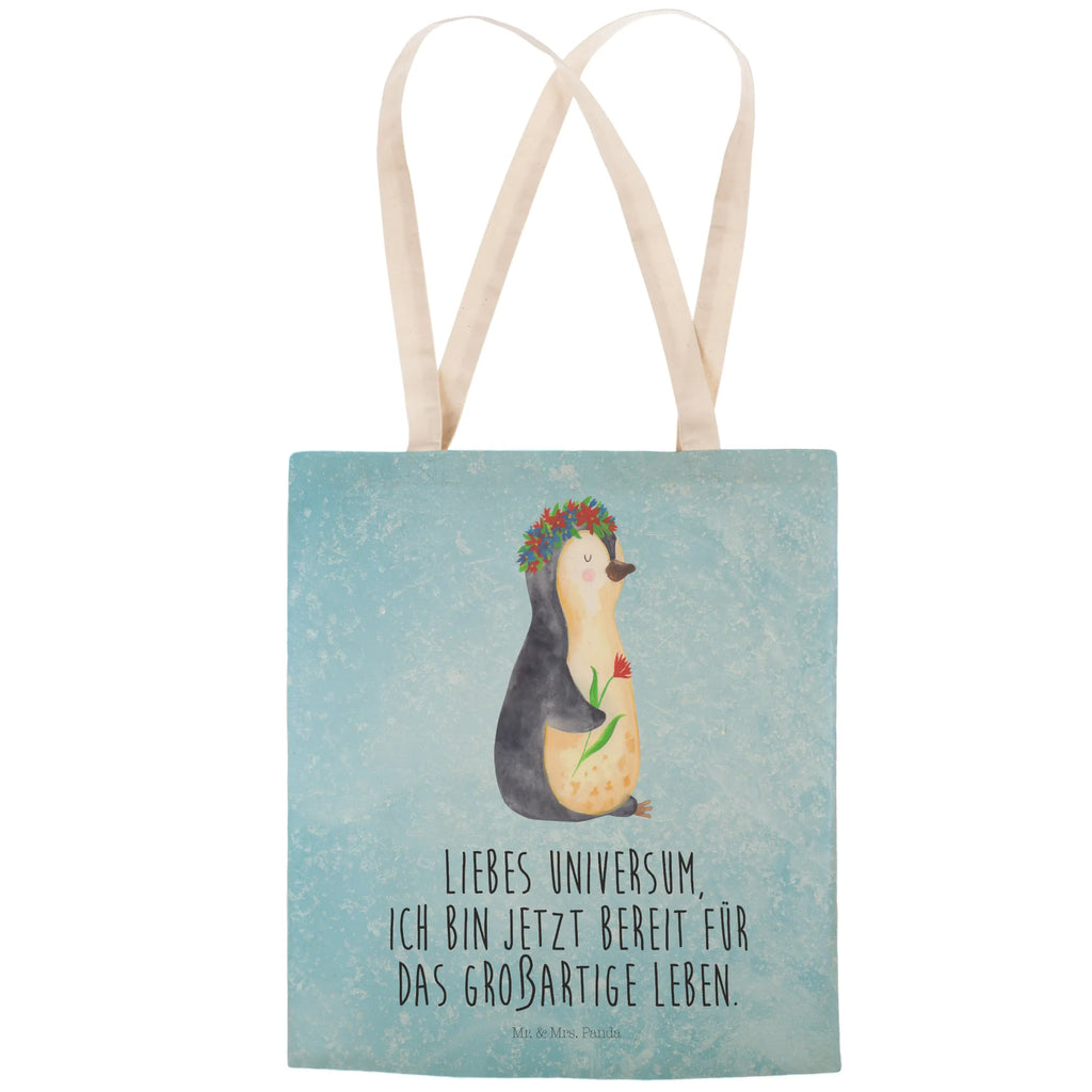 Einkaufstasche Pinguin Blumen Tragetasche, Tasche, Beutel, Stofftasche, Baumwolltasche, Umhängetasche, Shopper, Einkaufstasche, Beuteltasche, Pinguin, Pinguine, Blumenkranz, Universum, Leben, Wünsche, Ziele, Lebensziele, Motivation, Lebenslust, Liebeskummer, Geschenkidee