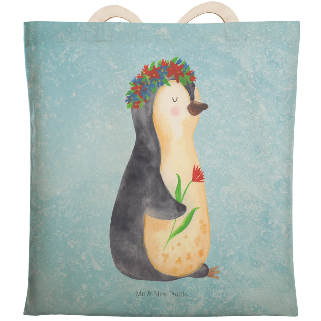 Einkaufstasche Pinguin Blumen Tragetasche, Tasche, Beutel, Stofftasche, Baumwolltasche, Umhängetasche, Shopper, Einkaufstasche, Beuteltasche, Pinguin, Pinguine, Blumenkranz, Universum, Leben, Wünsche, Ziele, Lebensziele, Motivation, Lebenslust, Liebeskummer, Geschenkidee