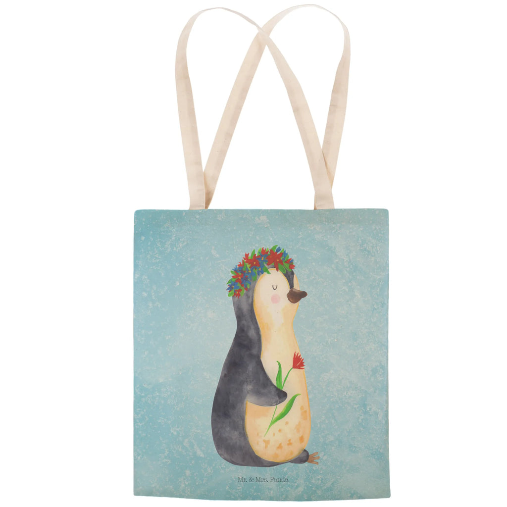 Einkaufstasche Pinguin Blumen Tragetasche, Tasche, Beutel, Stofftasche, Baumwolltasche, Umhängetasche, Shopper, Einkaufstasche, Beuteltasche, Pinguin, Pinguine, Blumenkranz, Universum, Leben, Wünsche, Ziele, Lebensziele, Motivation, Lebenslust, Liebeskummer, Geschenkidee