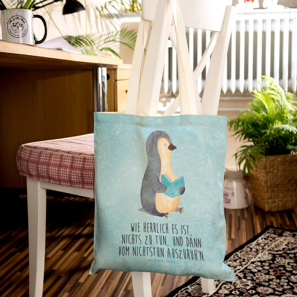 Einkaufstasche Pinguin Buch Tragetasche, Tasche, Beutel, Stofftasche, Baumwolltasche, Umhängetasche, Shopper, Einkaufstasche, Beuteltasche, Pinguin, Pinguine, Buch, Lesen, Bücherwurm, Nichtstun, Faulenzen, Ferien, Urlaub, Freizeit