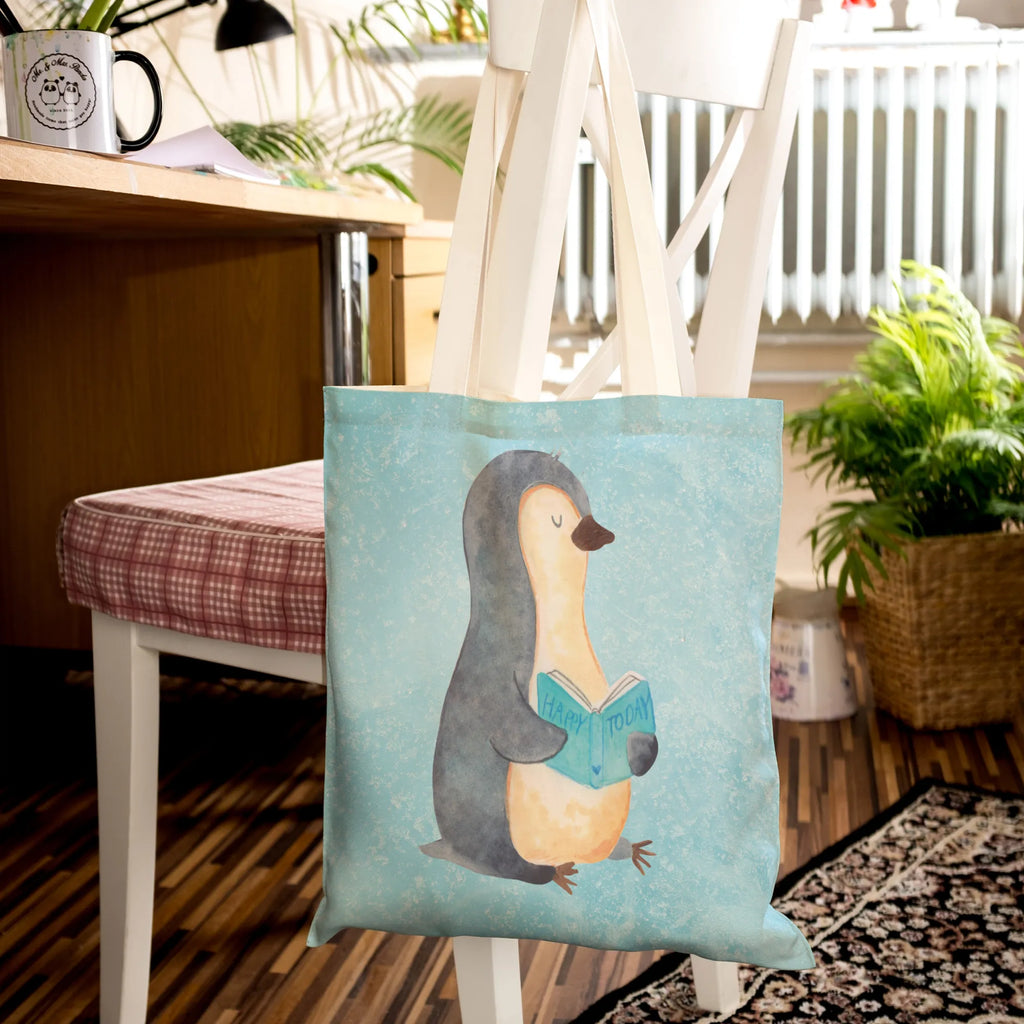 Einkaufstasche Pinguin Buch Tragetasche, Tasche, Beutel, Stofftasche, Baumwolltasche, Umhängetasche, Shopper, Einkaufstasche, Beuteltasche, Pinguin, Pinguine, Buch, Lesen, Bücherwurm, Nichtstun, Faulenzen, Ferien, Urlaub, Freizeit