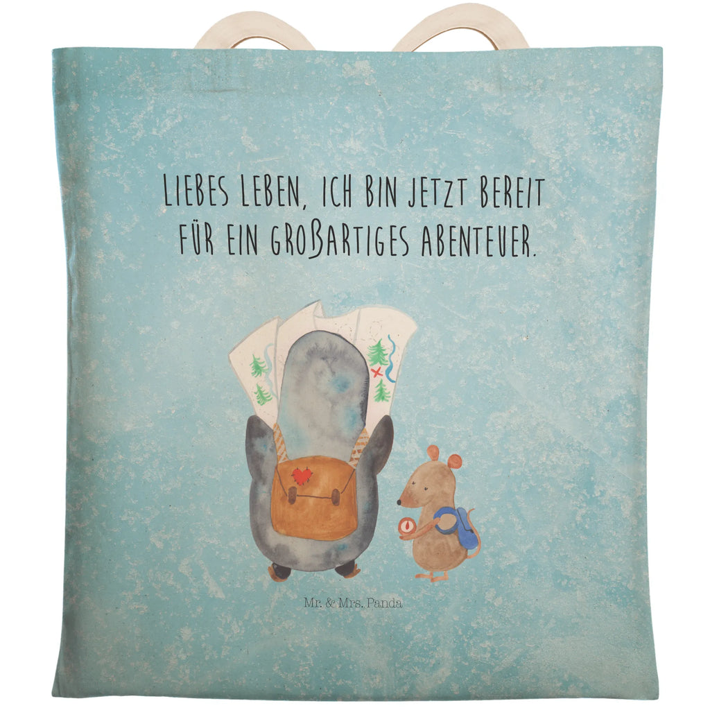 Einkaufstasche Pinguin & Maus Wanderer Tragetasche, Tasche, Beutel, Stofftasche, Baumwolltasche, Umhängetasche, Shopper, Einkaufstasche, Beuteltasche, Pinguin, Pinguine, Abenteurer, Abenteuer, Roadtrip, Ausflug, Wanderlust, wandern