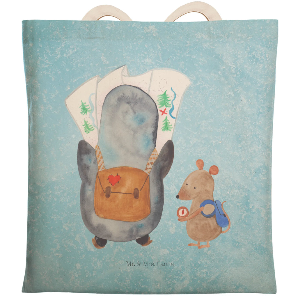 Einkaufstasche Pinguin & Maus Wanderer Tragetasche, Tasche, Beutel, Stofftasche, Baumwolltasche, Umhängetasche, Shopper, Einkaufstasche, Beuteltasche, Pinguin, Pinguine, Abenteurer, Abenteuer, Roadtrip, Ausflug, Wanderlust, wandern