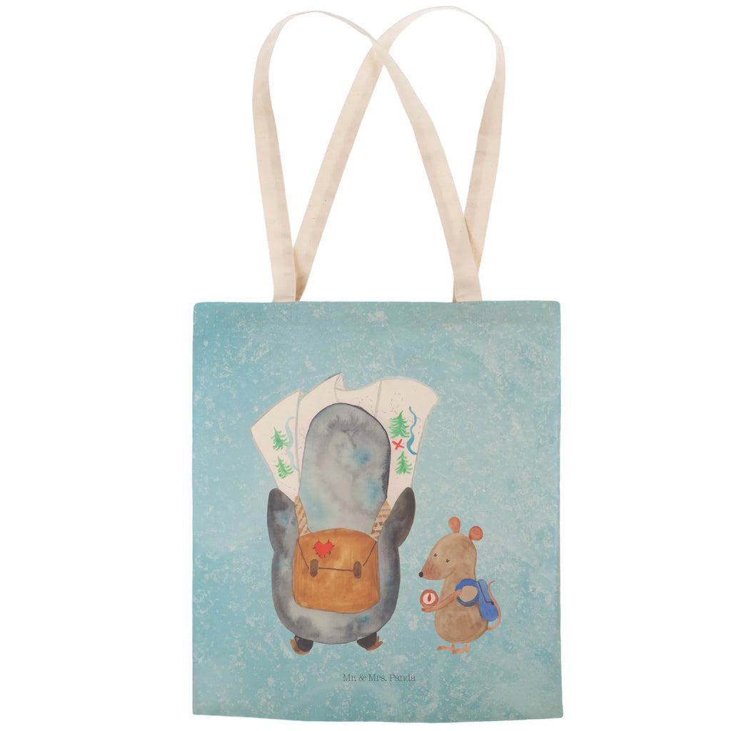 Einkaufstasche Pinguin & Maus Wanderer Tragetasche, Tasche, Beutel, Stofftasche, Baumwolltasche, Umhängetasche, Shopper, Einkaufstasche, Beuteltasche, Pinguin, Pinguine, Abenteurer, Abenteuer, Roadtrip, Ausflug, Wanderlust, wandern