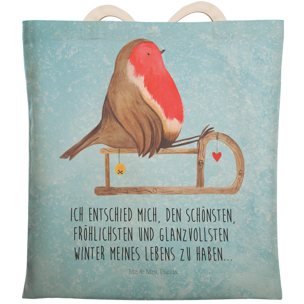 Einkaufstasche Rotkehlchen Schlitten Tragetasche, Tasche, Beutel, Stofftasche, Baumwolltasche, Umhängetasche, Shopper, Einkaufstasche, Beuteltasche, Winter, Weihnachten, Weihnachtsdeko, Nikolaus, Advent, Heiligabend, Wintermotiv, Schlitten, Vogel