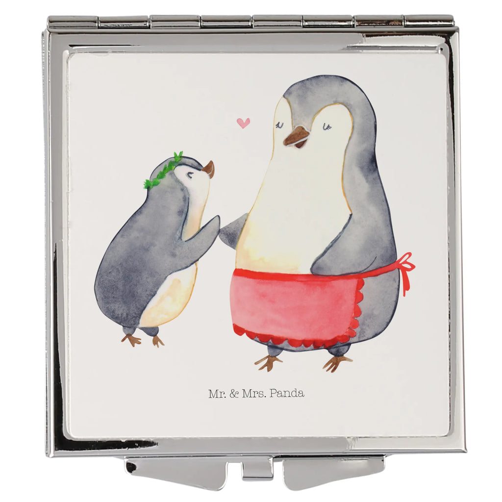 Handtaschenspiegel quadratisch Pinguin mit Kind Spiegel, Handtasche, Quadrat, silber, schminken, Schminkspiegel, Familie, Vatertag, Muttertag, Bruder, Schwester, Mama, Papa, Oma, Opa, Geschenk, Mami, Mutti, Mutter, Geburststag