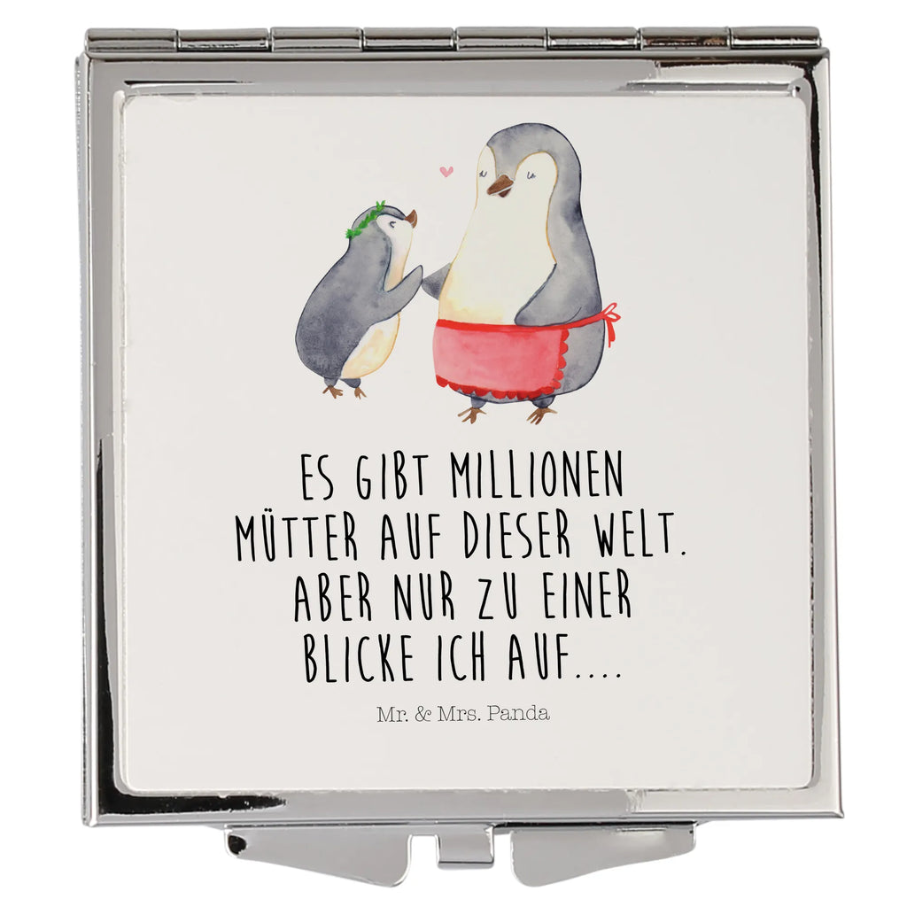 Handtaschenspiegel quadratisch Pinguin mit Kind Spiegel, Handtasche, Quadrat, silber, schminken, Schminkspiegel, Familie, Vatertag, Muttertag, Bruder, Schwester, Mama, Papa, Oma, Opa, Geschenk, Mami, Mutti, Mutter, Geburststag