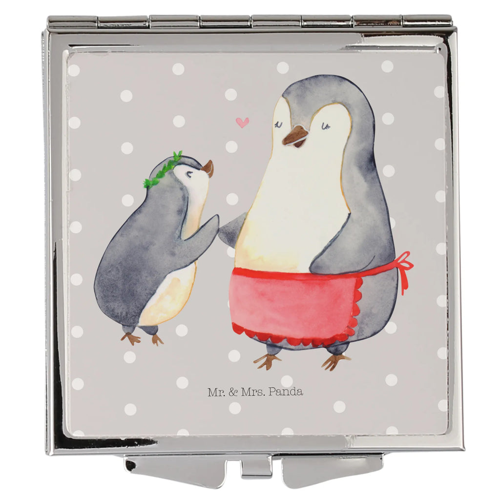 Handtaschenspiegel quadratisch Pinguin mit Kind Spiegel, Handtasche, Quadrat, silber, schminken, Schminkspiegel, Familie, Vatertag, Muttertag, Bruder, Schwester, Mama, Papa, Oma, Opa, Geschenk, Mami, Mutti, Mutter, Geburststag