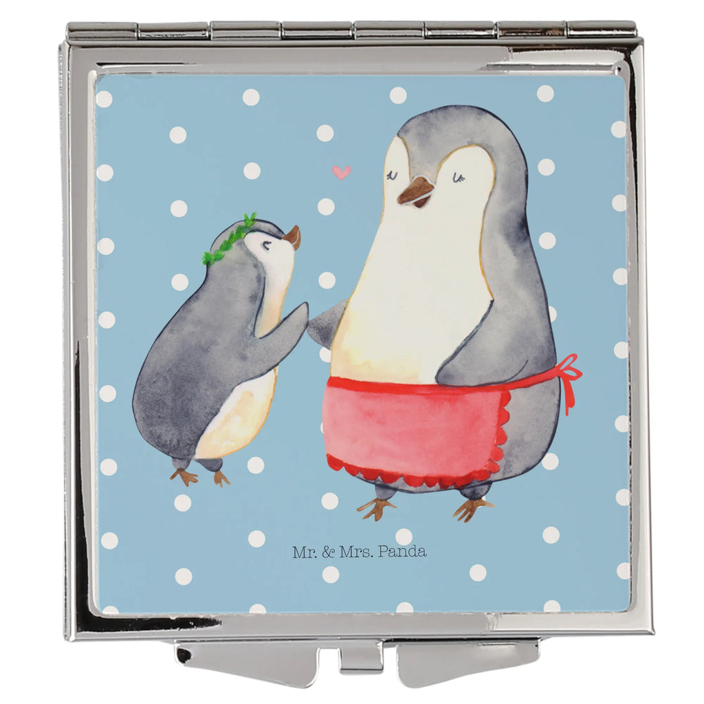 Handtaschenspiegel quadratisch Pinguin mit Kind Spiegel, Handtasche, Quadrat, silber, schminken, Schminkspiegel, Familie, Vatertag, Muttertag, Bruder, Schwester, Mama, Papa, Oma, Opa, Geschenk, Mami, Mutti, Mutter, Geburststag