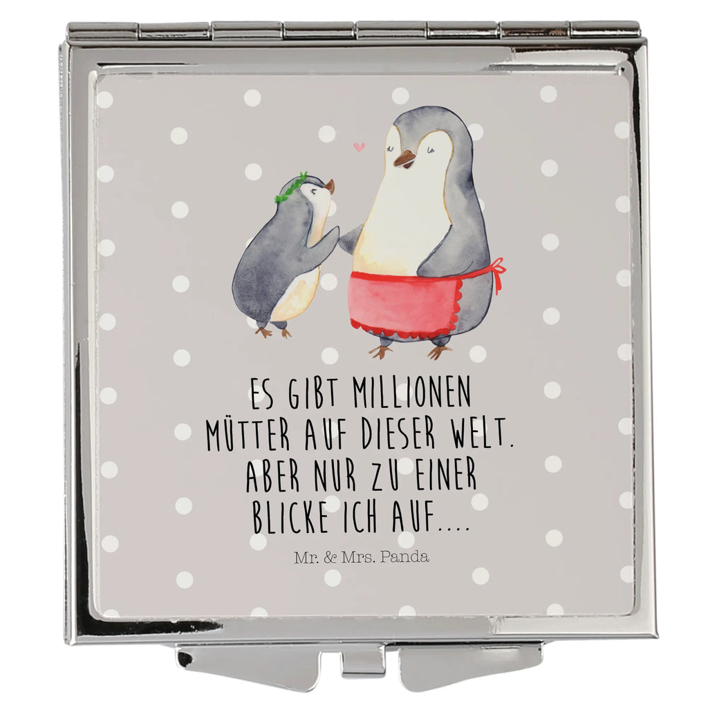 Handtaschenspiegel quadratisch Pinguin mit Kind Spiegel, Handtasche, Quadrat, silber, schminken, Schminkspiegel, Familie, Vatertag, Muttertag, Bruder, Schwester, Mama, Papa, Oma, Opa, Geschenk, Mami, Mutti, Mutter, Geburststag