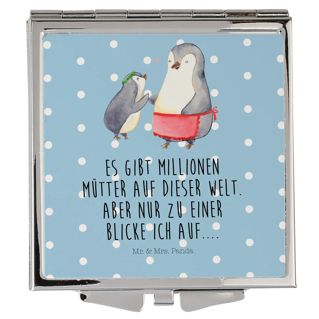 Handtaschenspiegel quadratisch Pinguin mit Kind Spiegel, Handtasche, Quadrat, silber, schminken, Schminkspiegel, Familie, Vatertag, Muttertag, Bruder, Schwester, Mama, Papa, Oma, Opa, Geschenk, Mami, Mutti, Mutter, Geburststag