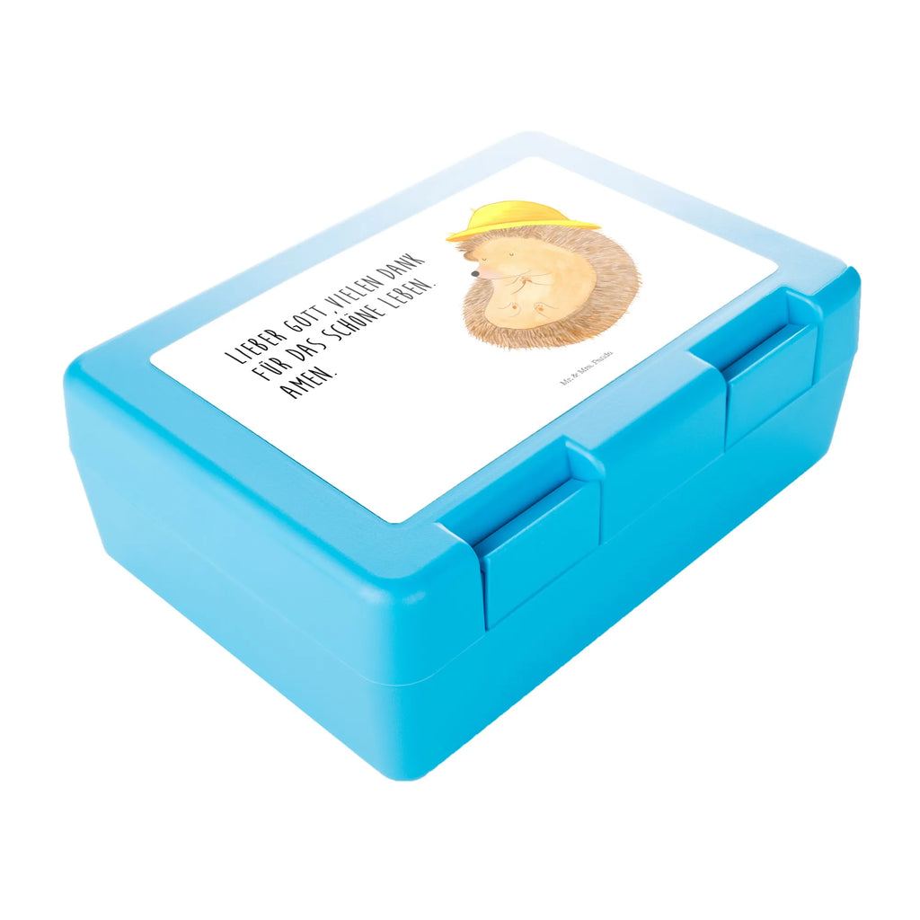 Brotdose Igel betet Brotbox, Snackbox, Lunch box, Butterbrotdose, Brotzeitbox, Tiermotive, Gute Laune, lustige Sprüche, Tiere, Igel, Igel mit Hut, Sonnenhut, Gott, Amen, beten, Leben, Dankbarkeit, Dankbar sein, dankbar, genießen