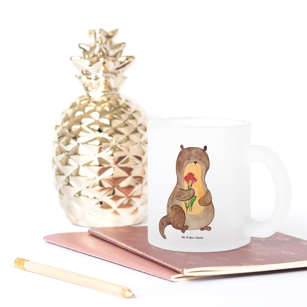 Teetasse Otter Blumenstrauß Teetasse, Teeglas, Teebecher, Tasse mit Henkel, Tasse, Glas Teetasse, Teetasse aus Glas, Otter, Fischotter, Seeotter, Otter Seeotter See Otter