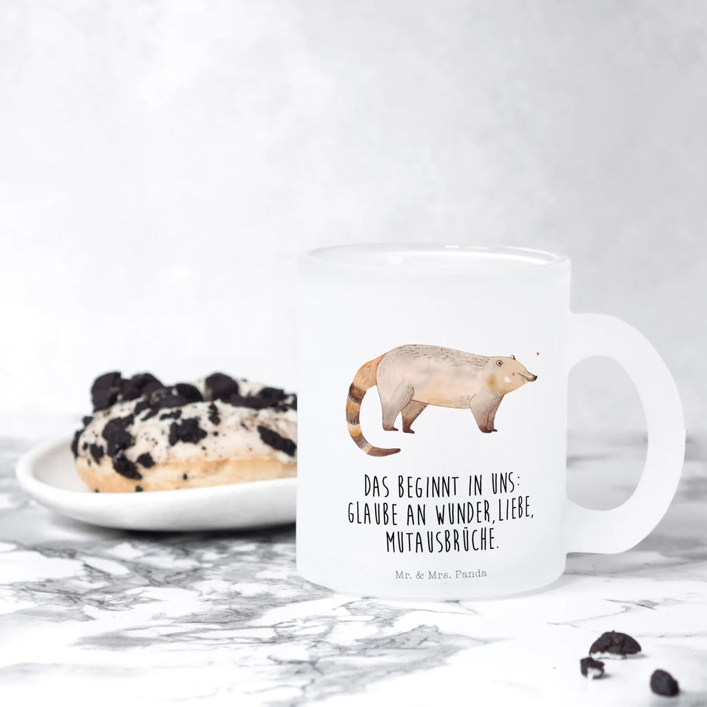 Teetasse Nasenbaer Teetasse, Teeglas, Teebecher, Tasse mit Henkel, Tasse, Glas Teetasse, Teetasse aus Glas, Tiermotive, Gute Laune, lustige Sprüche, Tiere, Nasenbär, Nasenbären, Rüsselbär, Bär