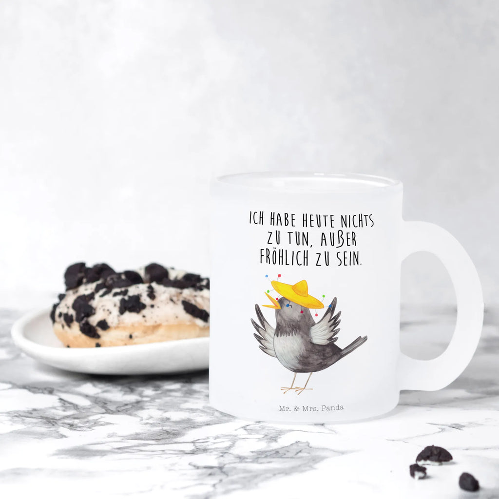 Teetasse Rabe mit Sombrero Teetasse, Teeglas, Teebecher, Tasse mit Henkel, Tasse, Glas Teetasse, Teetasse aus Glas, Tiermotive, Gute Laune, lustige Sprüche, Tiere, Rabe, Vogel, Vögel, Spruch positiv, fröhlich sein, glücklich sein, Glück Spruch, froh, Elster, Motivation