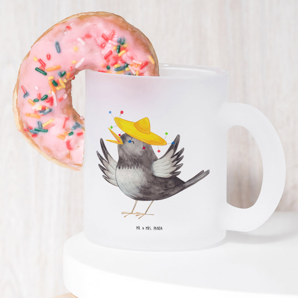 Teetasse Rabe mit Sombrero Teetasse, Teeglas, Teebecher, Tasse mit Henkel, Tasse, Glas Teetasse, Teetasse aus Glas, Tiermotive, Gute Laune, lustige Sprüche, Tiere, Rabe, Vogel, Vögel, Spruch positiv, fröhlich sein, glücklich sein, Glück Spruch, froh, Elster, Motivation