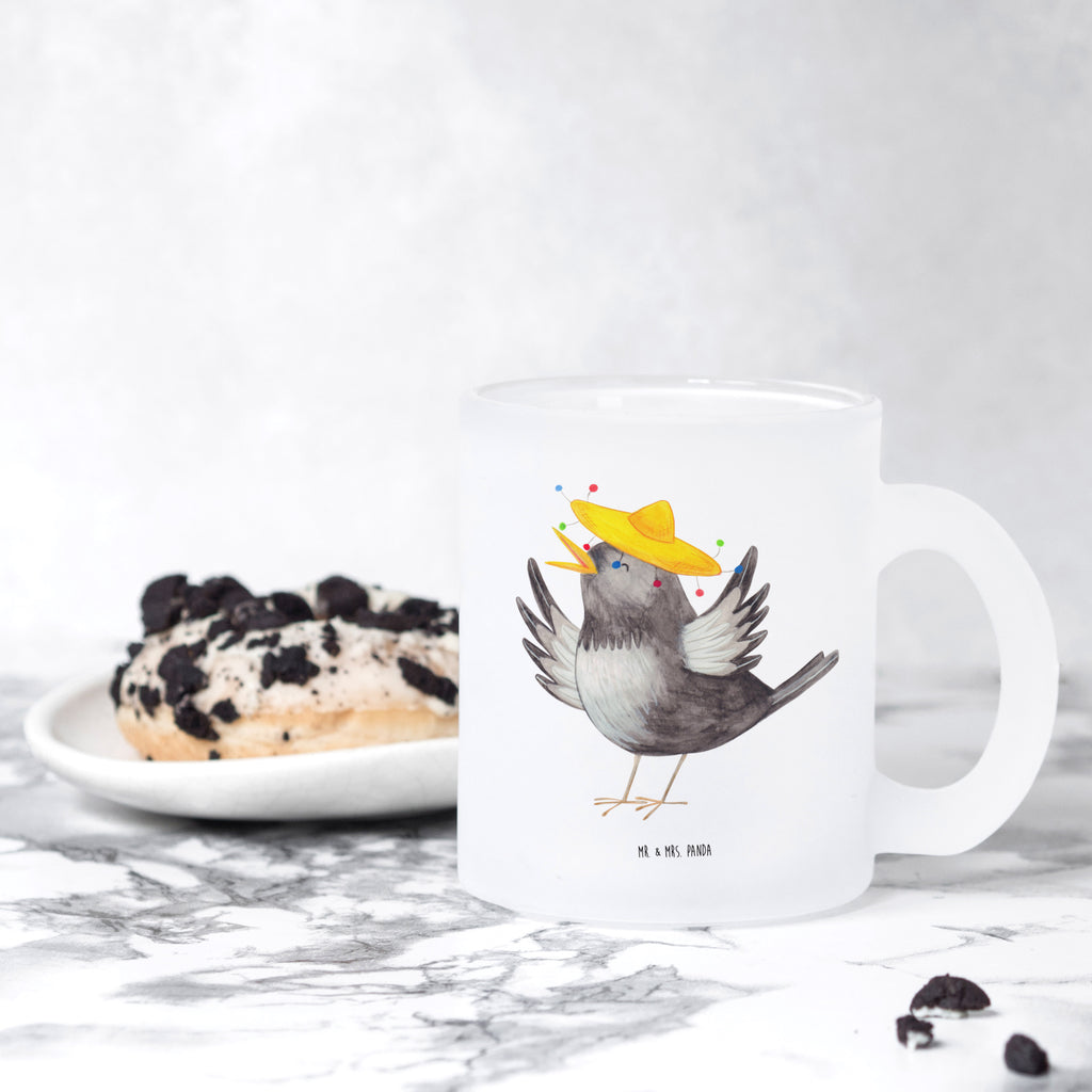 Teetasse Rabe mit Sombrero Teetasse, Teeglas, Teebecher, Tasse mit Henkel, Tasse, Glas Teetasse, Teetasse aus Glas, Tiermotive, Gute Laune, lustige Sprüche, Tiere, Rabe, Vogel, Vögel, Spruch positiv, fröhlich sein, glücklich sein, Glück Spruch, froh, Elster, Motivation