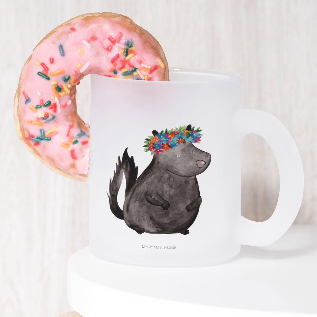 Teetasse Stinktier Blumenmaedchen Teetasse, Teeglas, Teebecher, Tasse mit Henkel, Tasse, Glas Teetasse, Teetasse aus Glas, Stinktier, Skunk, Wildtier, Raubtier, Stinker, Stinki, Yoga, Namaste, Lebe, Liebe, Lache