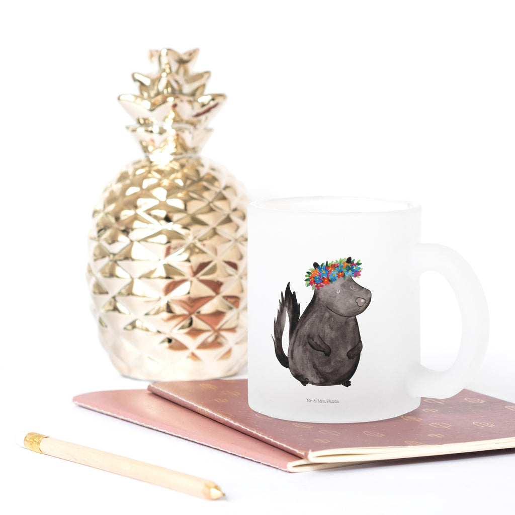 Teetasse Stinktier Blumenmaedchen Teetasse, Teeglas, Teebecher, Tasse mit Henkel, Tasse, Glas Teetasse, Teetasse aus Glas, Stinktier, Skunk, Wildtier, Raubtier, Stinker, Stinki, Yoga, Namaste, Lebe, Liebe, Lache