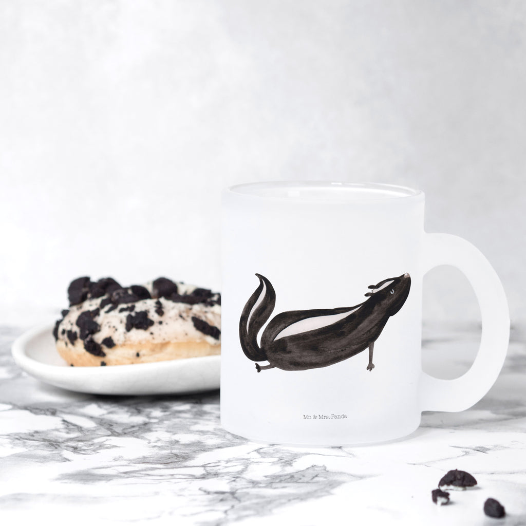 Teetasse Stinktier Yoga Teetasse, Teeglas, Teebecher, Tasse mit Henkel, Tasse, Glas Teetasse, Teetasse aus Glas, Stinktier, Skunk, Wildtier, Raubtier, Stinker, Stinki, Yoga, Namaste, Lebe, Liebe, Lache