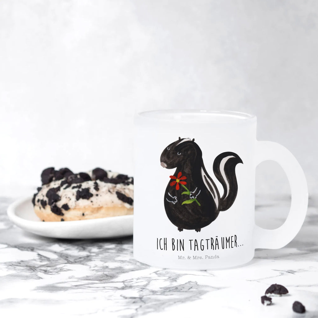 Teetasse Stinktier Blume Teetasse, Teeglas, Teebecher, Tasse mit Henkel, Tasse, Glas Teetasse, Teetasse aus Glas, Stinktier, Skunk, Wildtier, Raubtier, Stinker, Stinki, Tagträumer, verträumt, Dreams, Träume