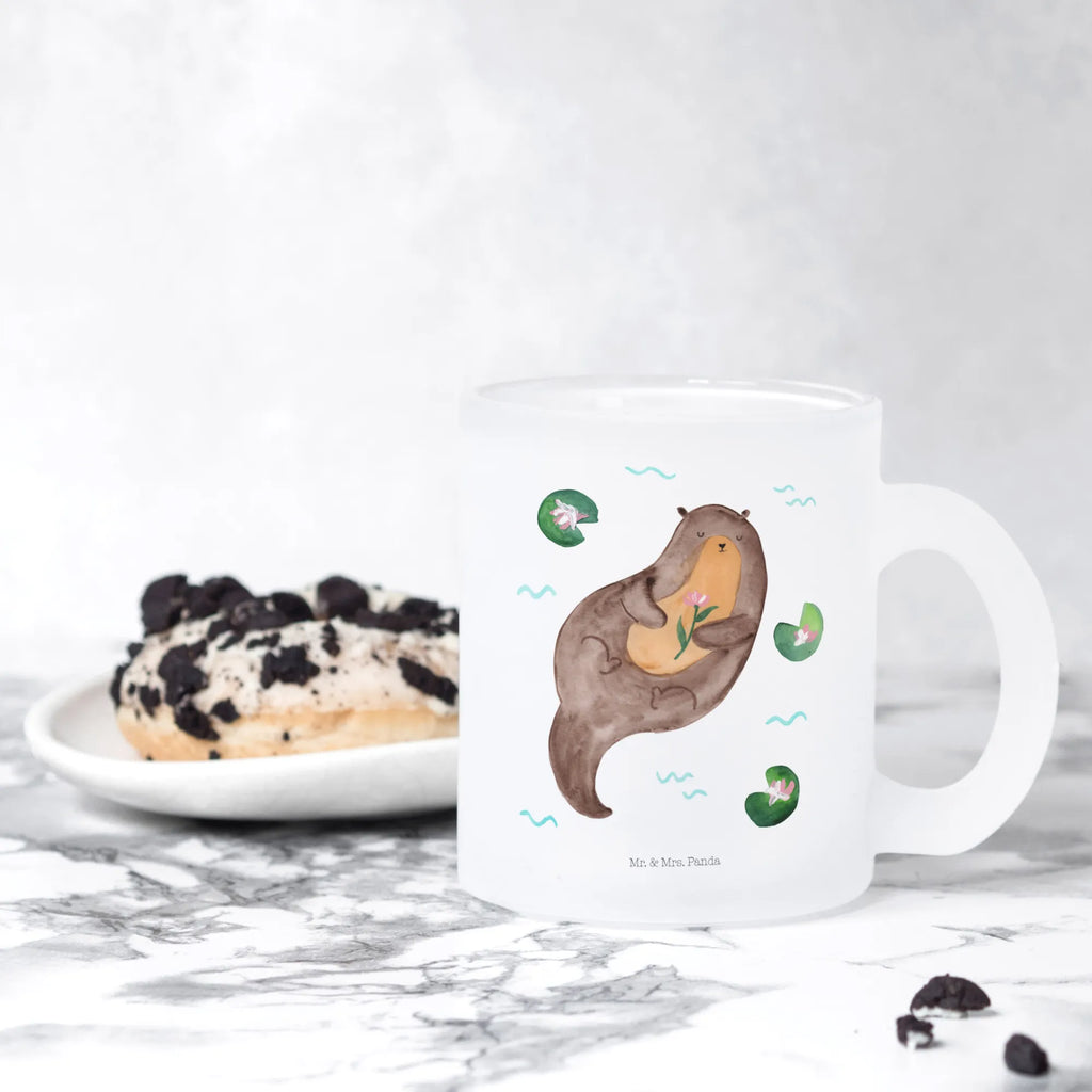 Teetasse Otter mit Seerose Teetasse, Teeglas, Teebecher, Tasse mit Henkel, Tasse, Glas Teetasse, Teetasse aus Glas, Otter, Fischotter, Seeotter, Otter Seeotter See Otter